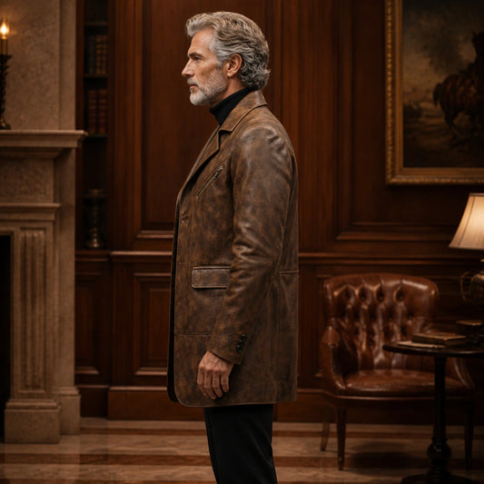 leather jacket — Distressed Brown leather blazer jacket side view — view 2