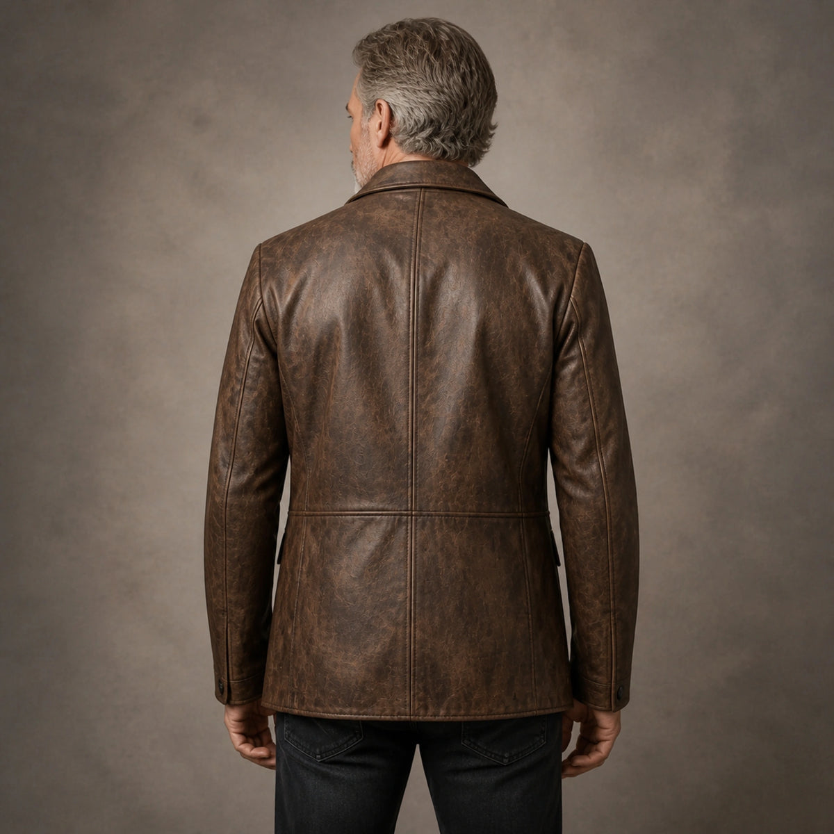 leather jacket — Distressed Brown leather blazer jacket rear view — view 3