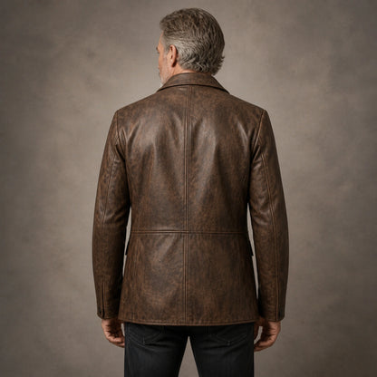 leather jacket — Distressed Brown leather blazer jacket rear view — view 3
