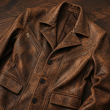leather jacket — Distressed Brown leather blazer construction detail — view 4