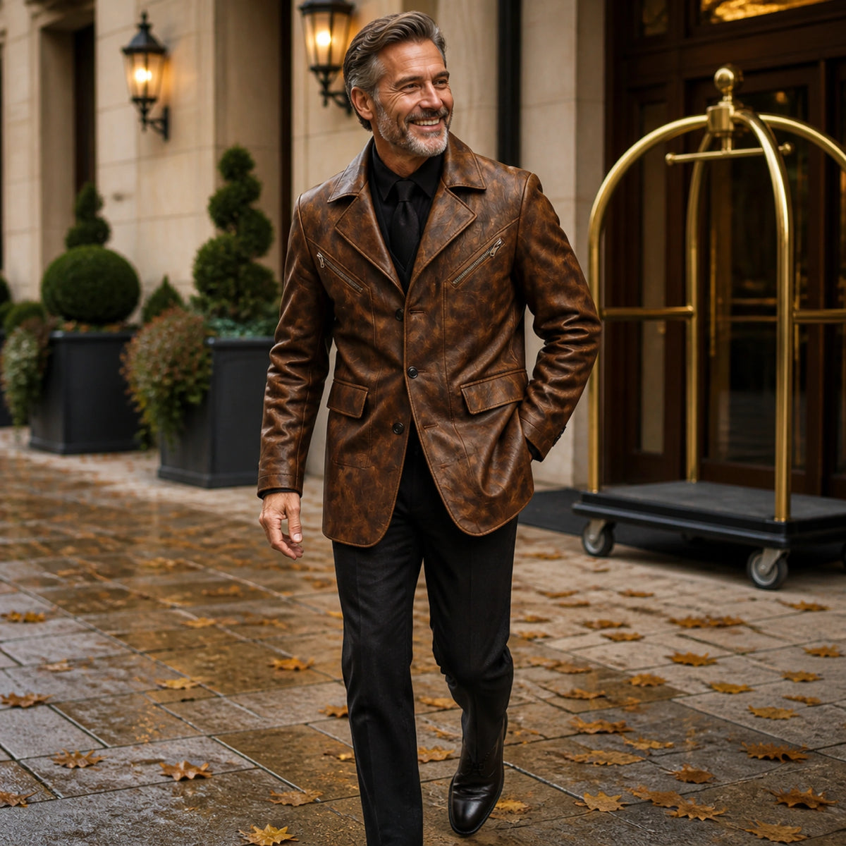 leather jacket — Mature man wearing distressed brown leather blazer outdoors — view 5
