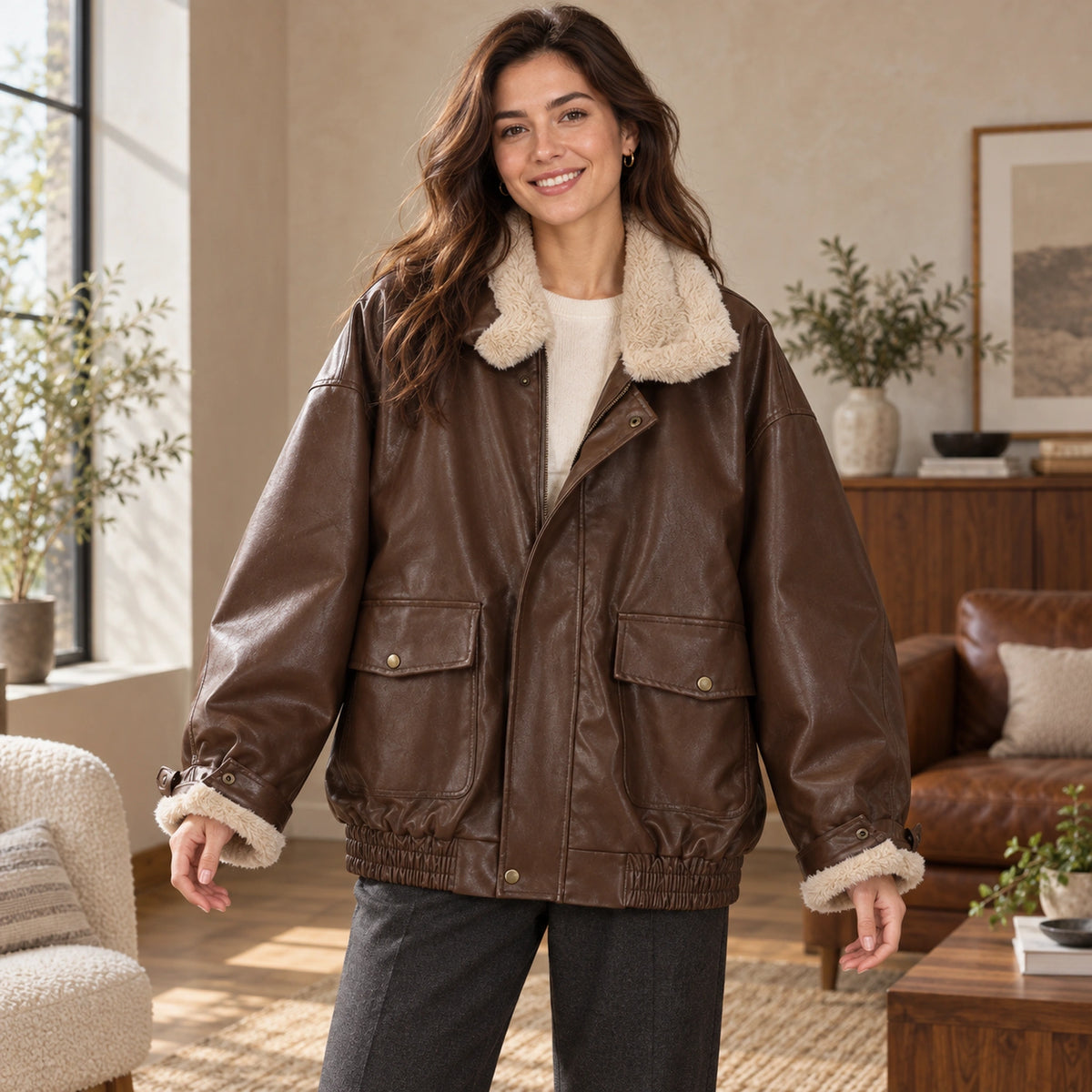 leather jacket — Nora brown pocket cuff — complete product, exact reference photograph — view 6