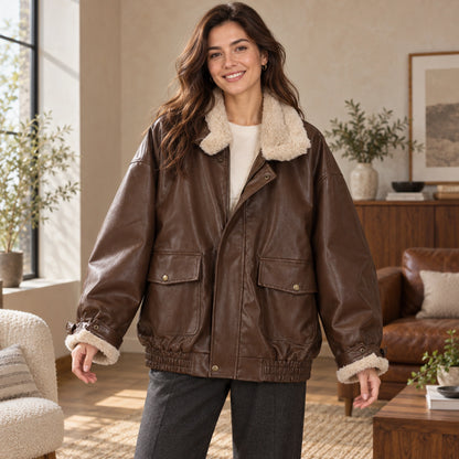 leather jacket — Nora brown pocket cuff — complete product, exact reference photograph — view 6