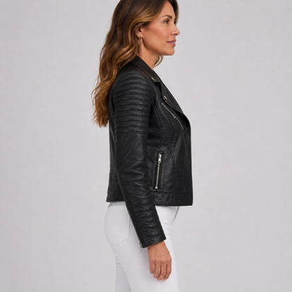 leather jacket — Black biker jacket side view — view 2