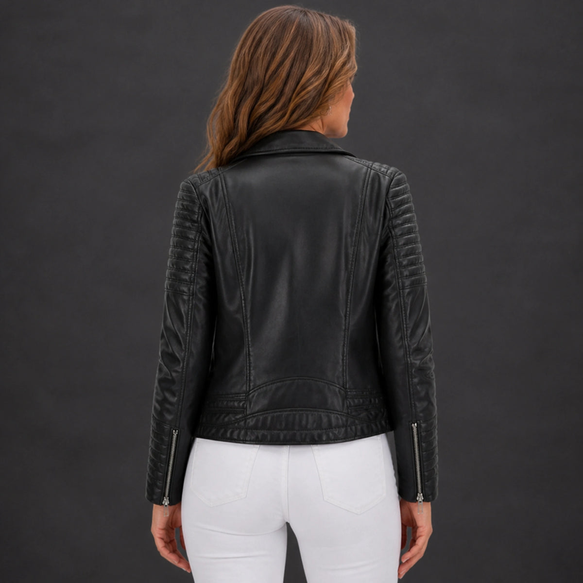 leather jacket — Black biker jacket rear view — view 3