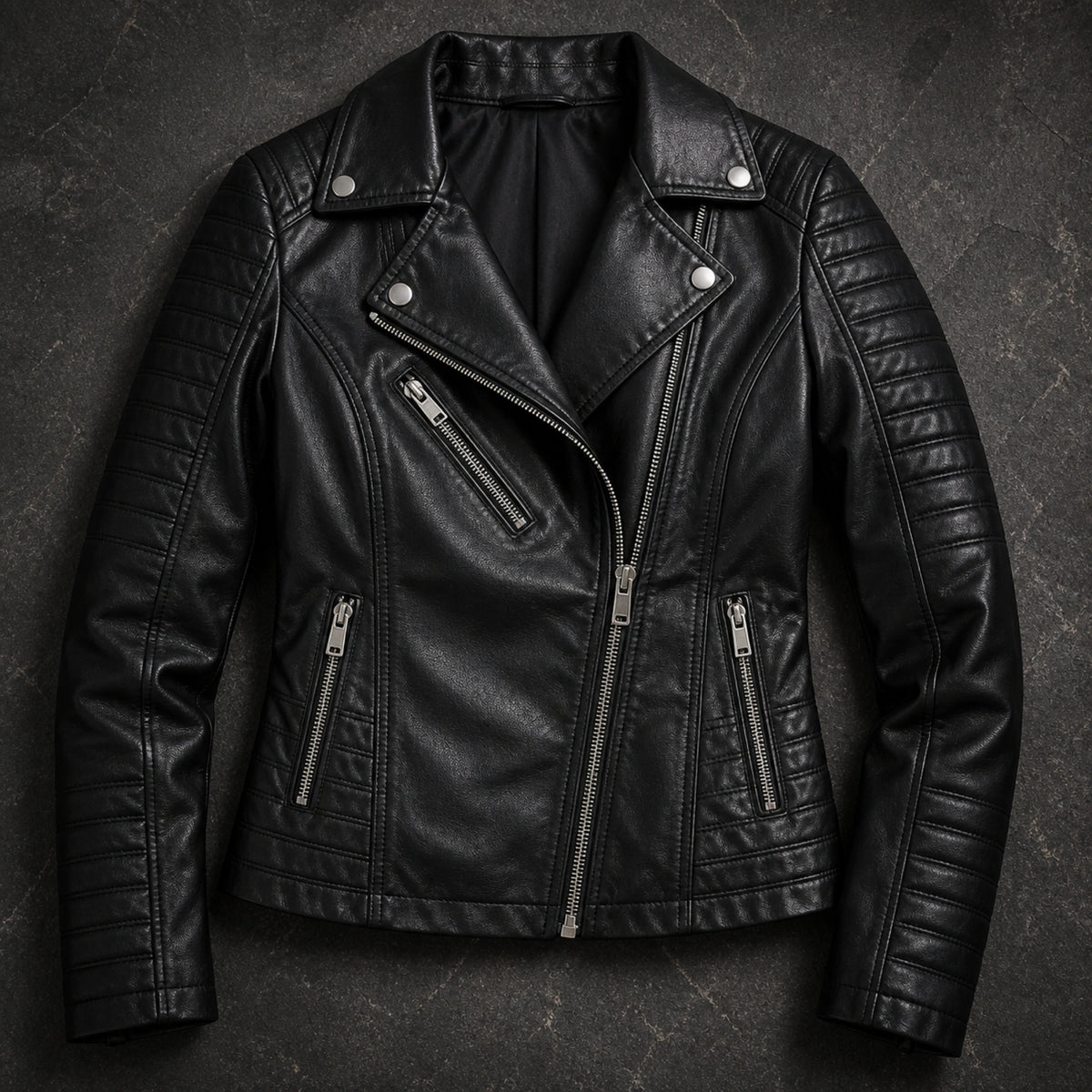leather jacket — Black biker jacket construction detail — view 4