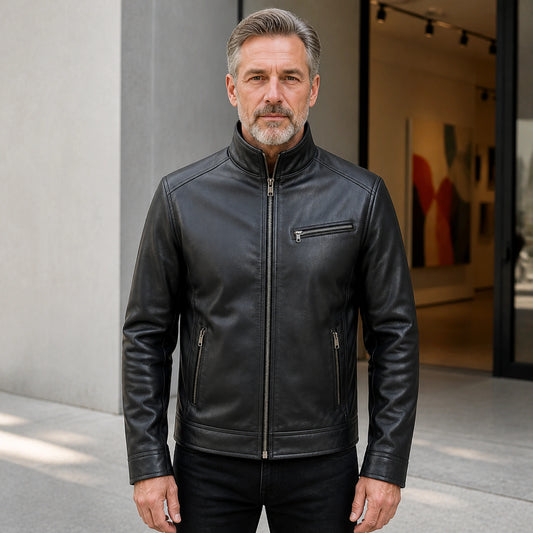 Black multi zip vintage leather jacket complete front view — view 2