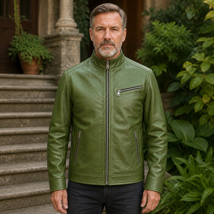Olive green multi zip vintage leather jacket complete front view — view 3