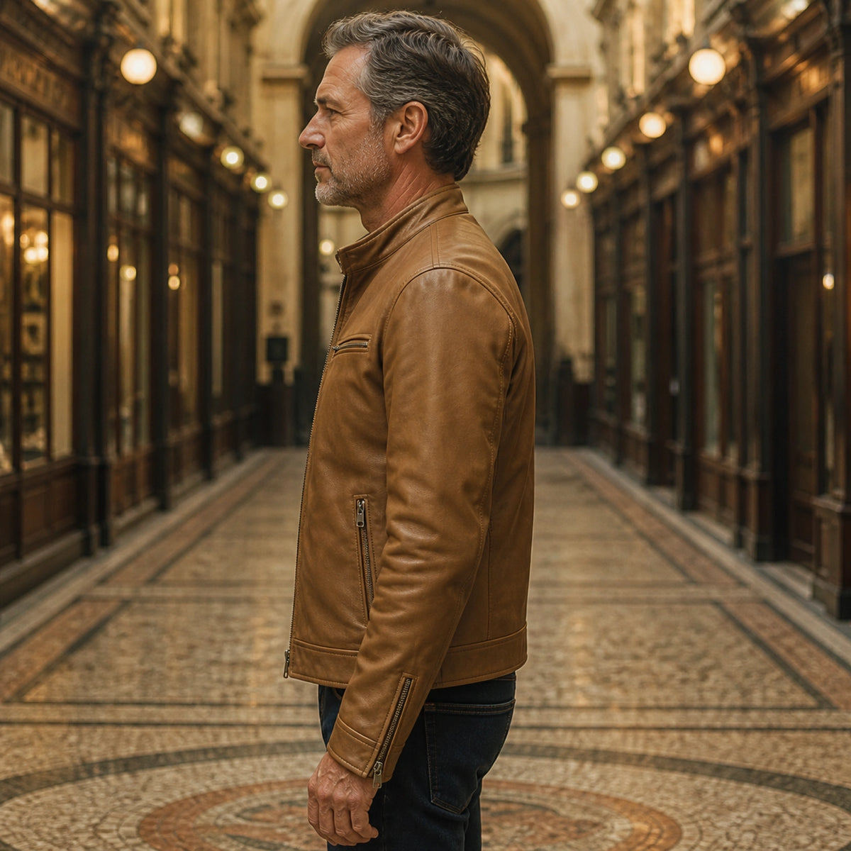 Warm brown vintage leather jacket true side view — view 4