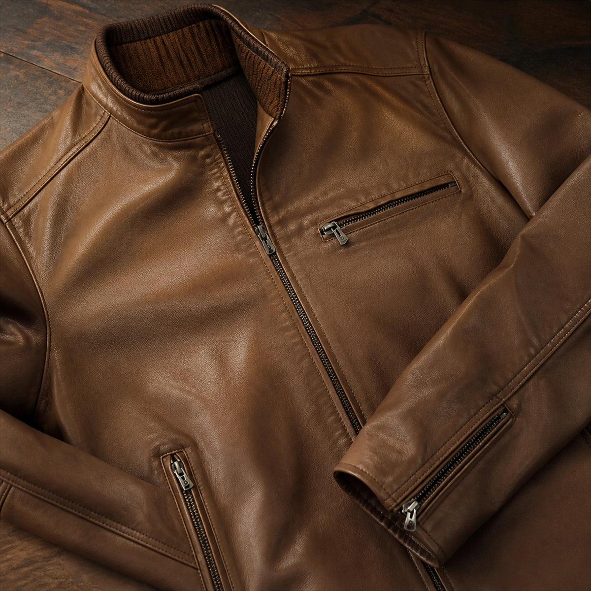 leather jacket — Warm brown vintage jacket collar zippers grain seams and cuff detail — view 6