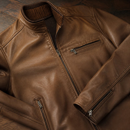 leather jacket — Warm brown vintage jacket collar zippers grain seams and cuff detail — view 6