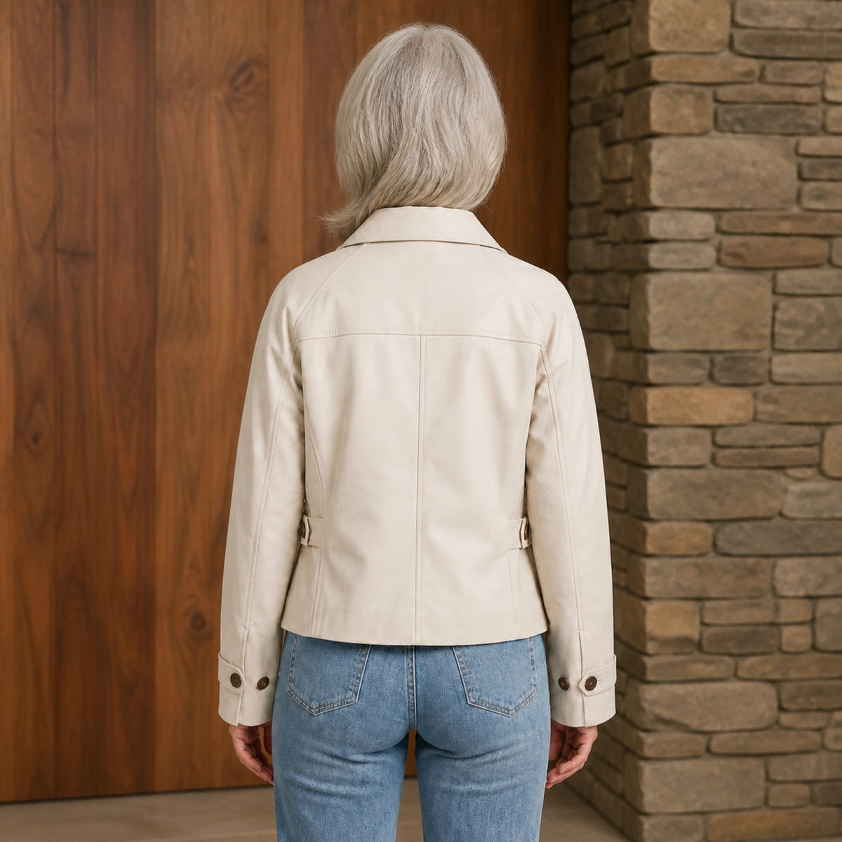 Ivory button-front cropped jacket, rear view