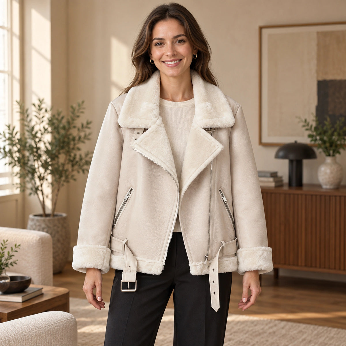leather jacket — Stella aviator shearling beige front — complete product, exact reference photograph — view 2