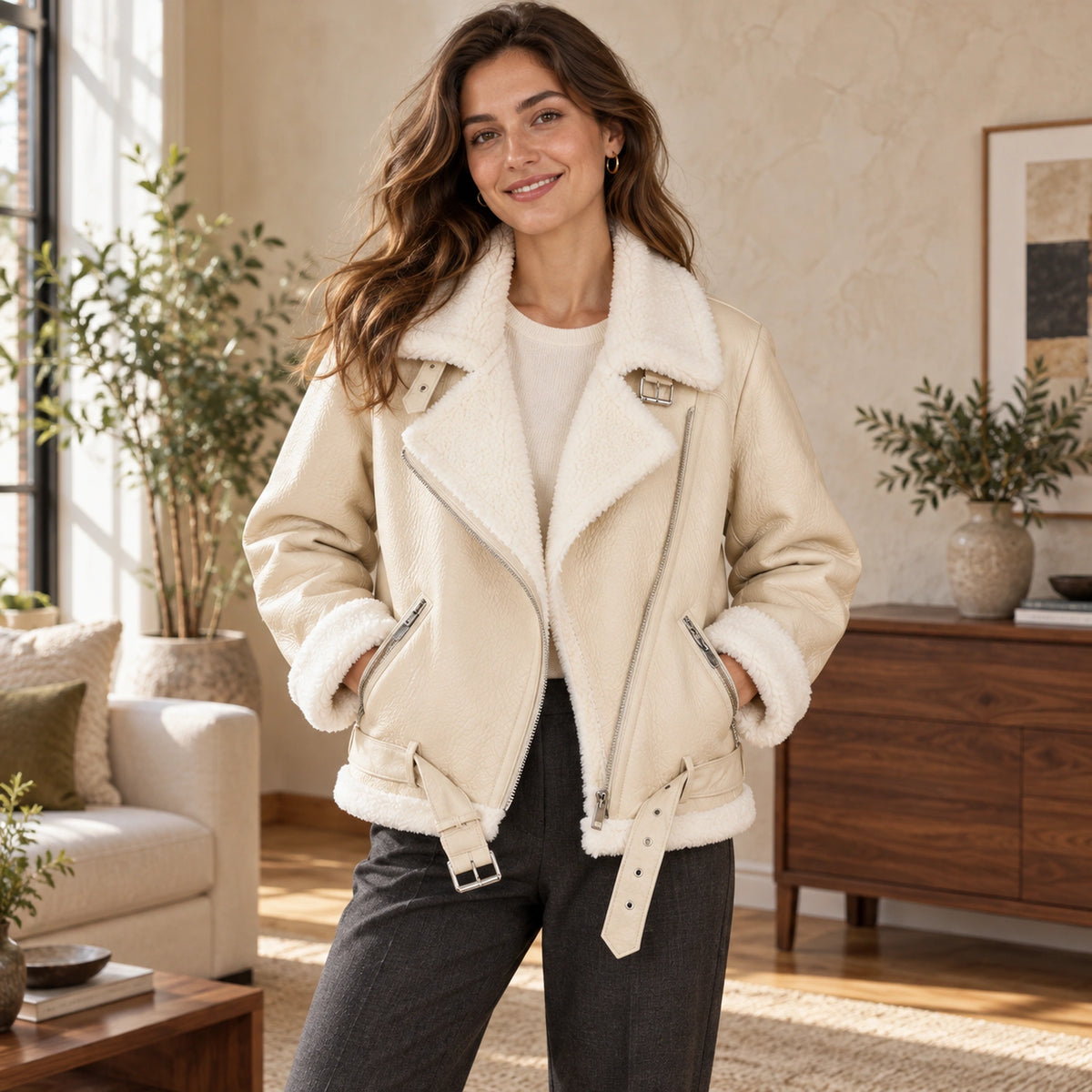 leather jacket — Stella aviator beige shearling — complete product, exact reference photograph — view 8