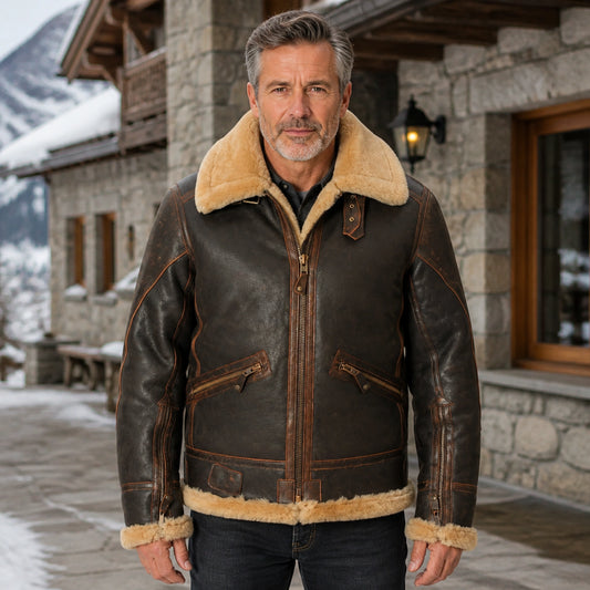 Distressed brown plush-trim aviator jacket, complete front view