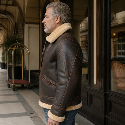 Distressed brown plush-trim aviator jacket, side view