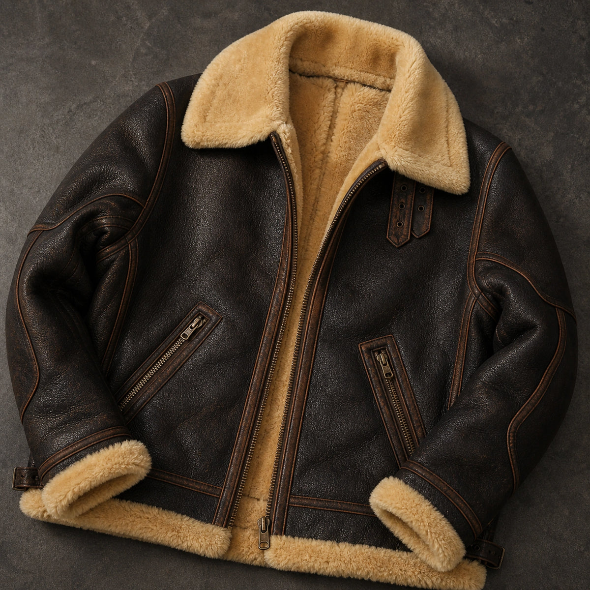 Distressed brown aviator jacket, plush trim, zips and seam detail