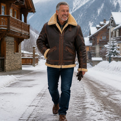 Mature man wearing a distressed brown plush-trim aviator jacket in an alpine village