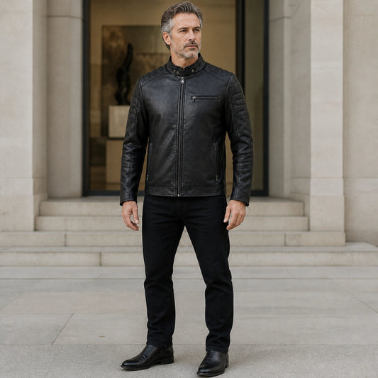 Black channel quilted moto leather jacket complete front view — view 2