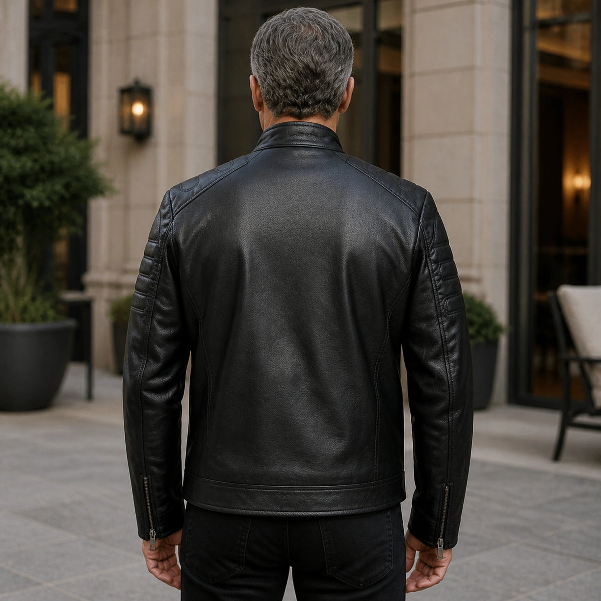 Black moto leather jacket direct rear view — view 5