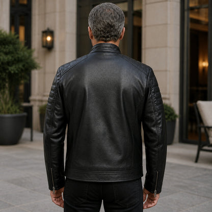 Black moto leather jacket direct rear view — view 5
