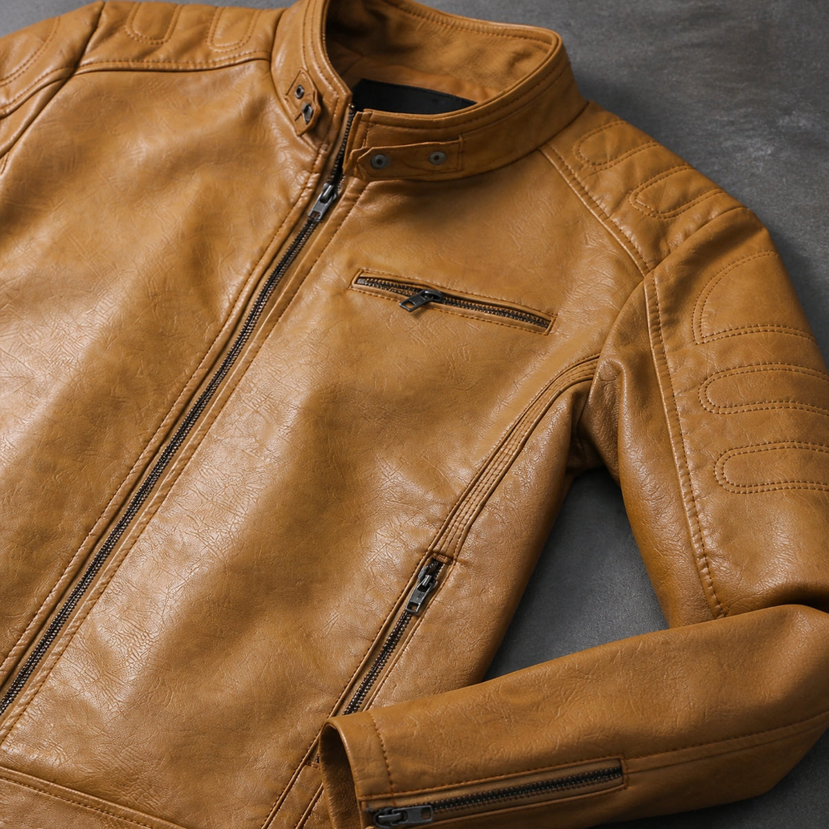 leather jacket — Tan cognac moto jacket collar zippers quilting and leather grain detail — view 6