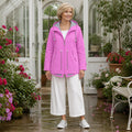 leather jacket — Rose Pink hooded rain jacket front
