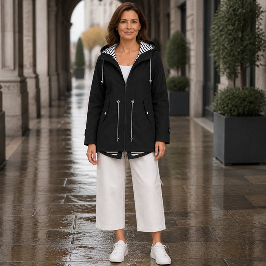 leather jacket — Black hooded rain jacket front — view 2