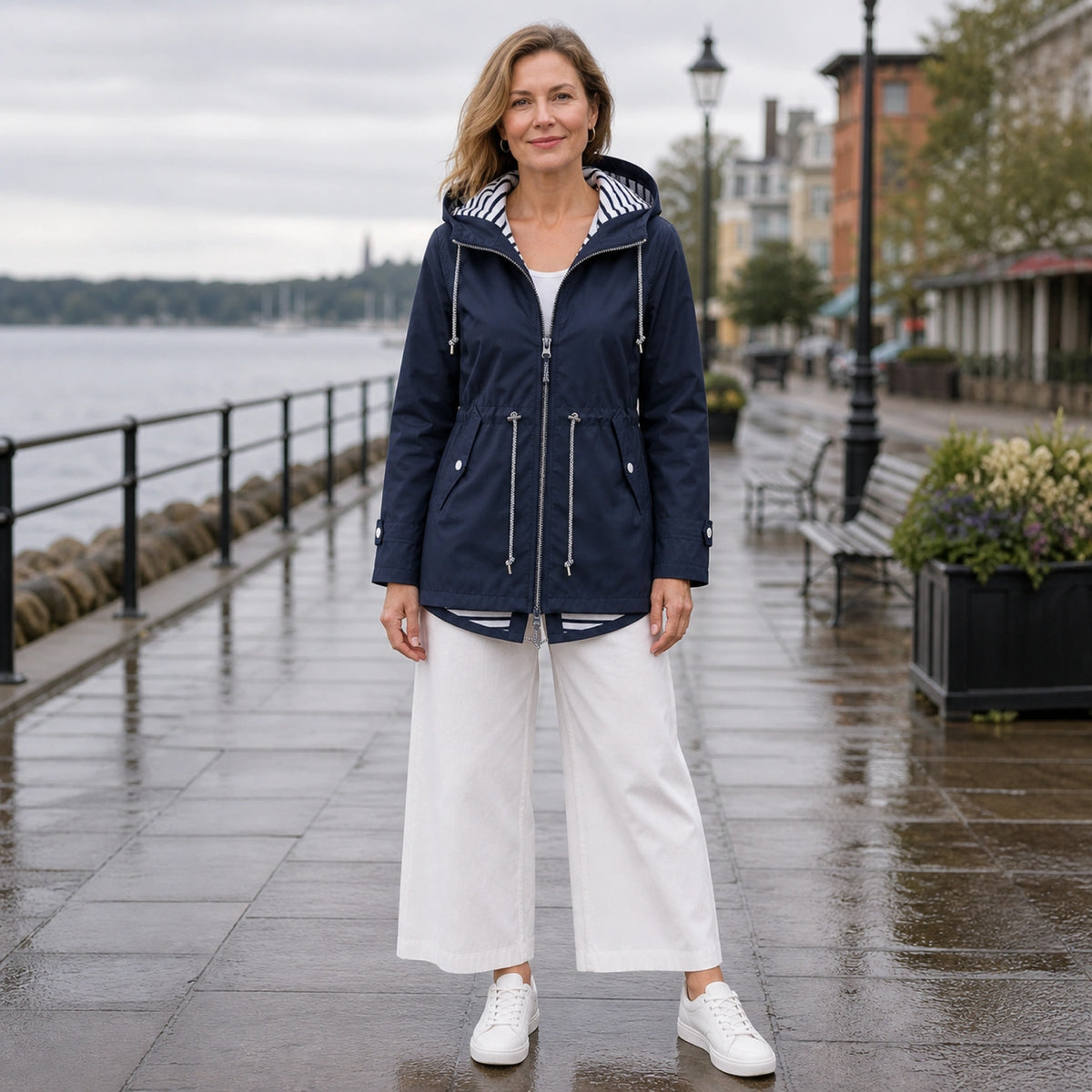 leather jacket — Navy Blue hooded rain jacket front — view 3