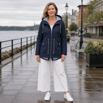 leather jacket — Navy Blue hooded rain jacket front — view 3