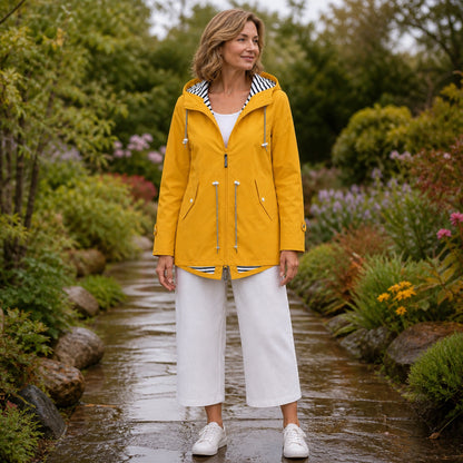 leather jacket — Mustard Yellow hooded rain jacket front — view 5