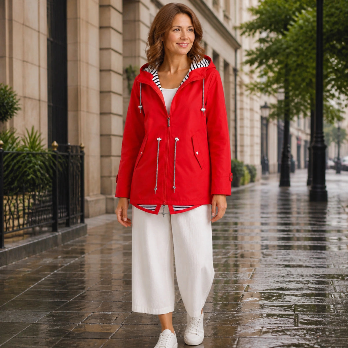 leather jacket — Scarlet Red hooded rain jacket front — view 6