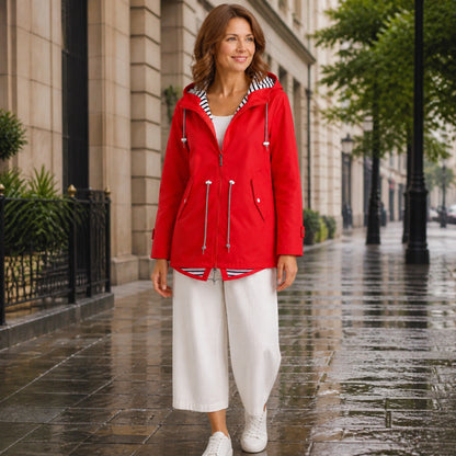 leather jacket — Scarlet Red hooded rain jacket front — view 6