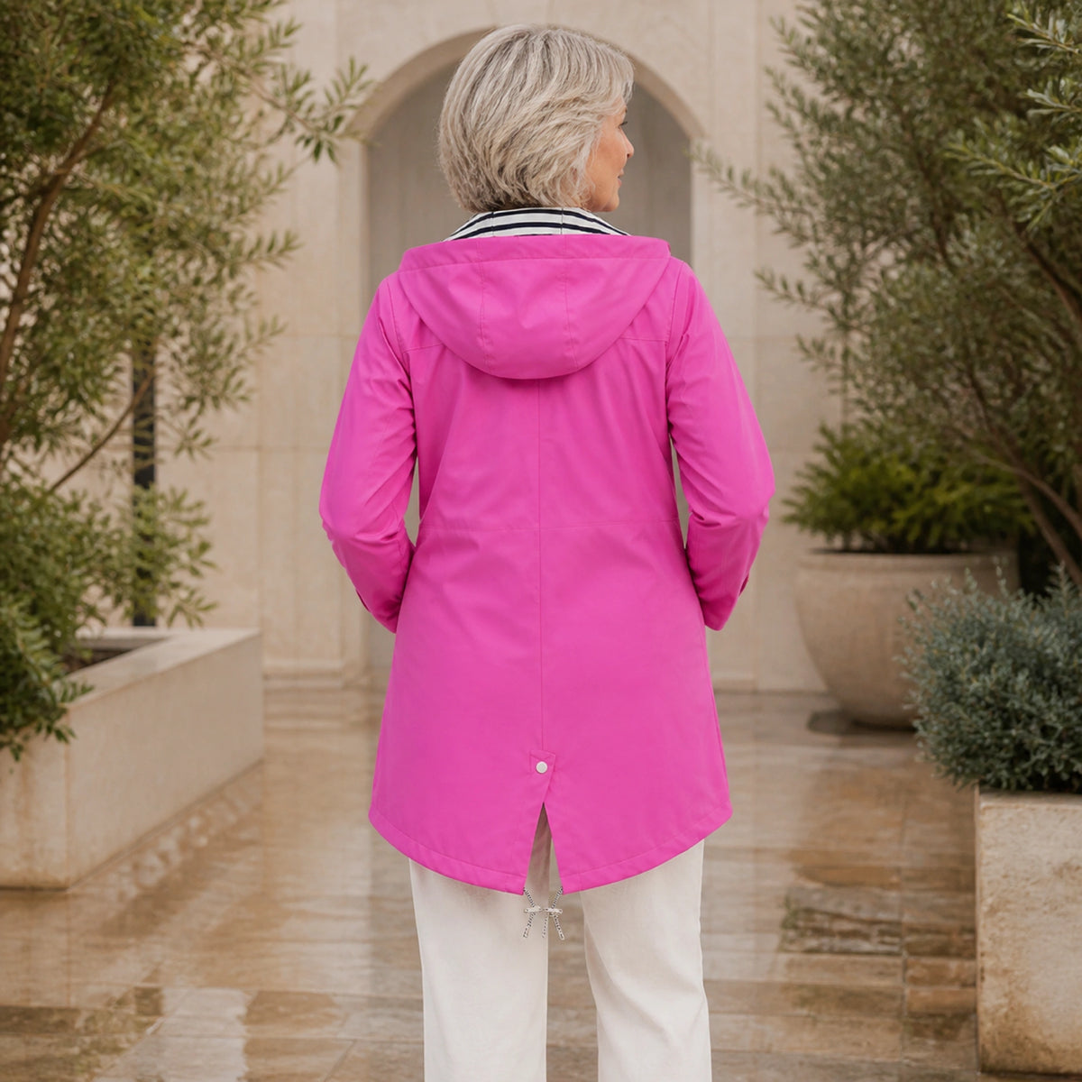 leather jacket — Rose Pink hooded rain jacket rear view — view 8