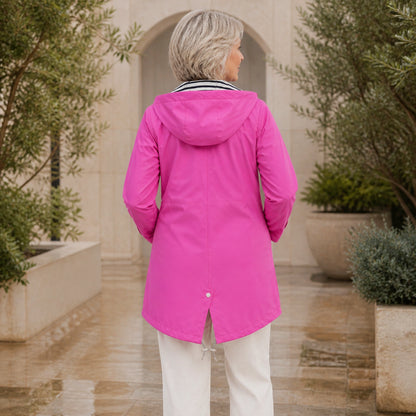 leather jacket — Rose Pink hooded rain jacket rear view — view 8