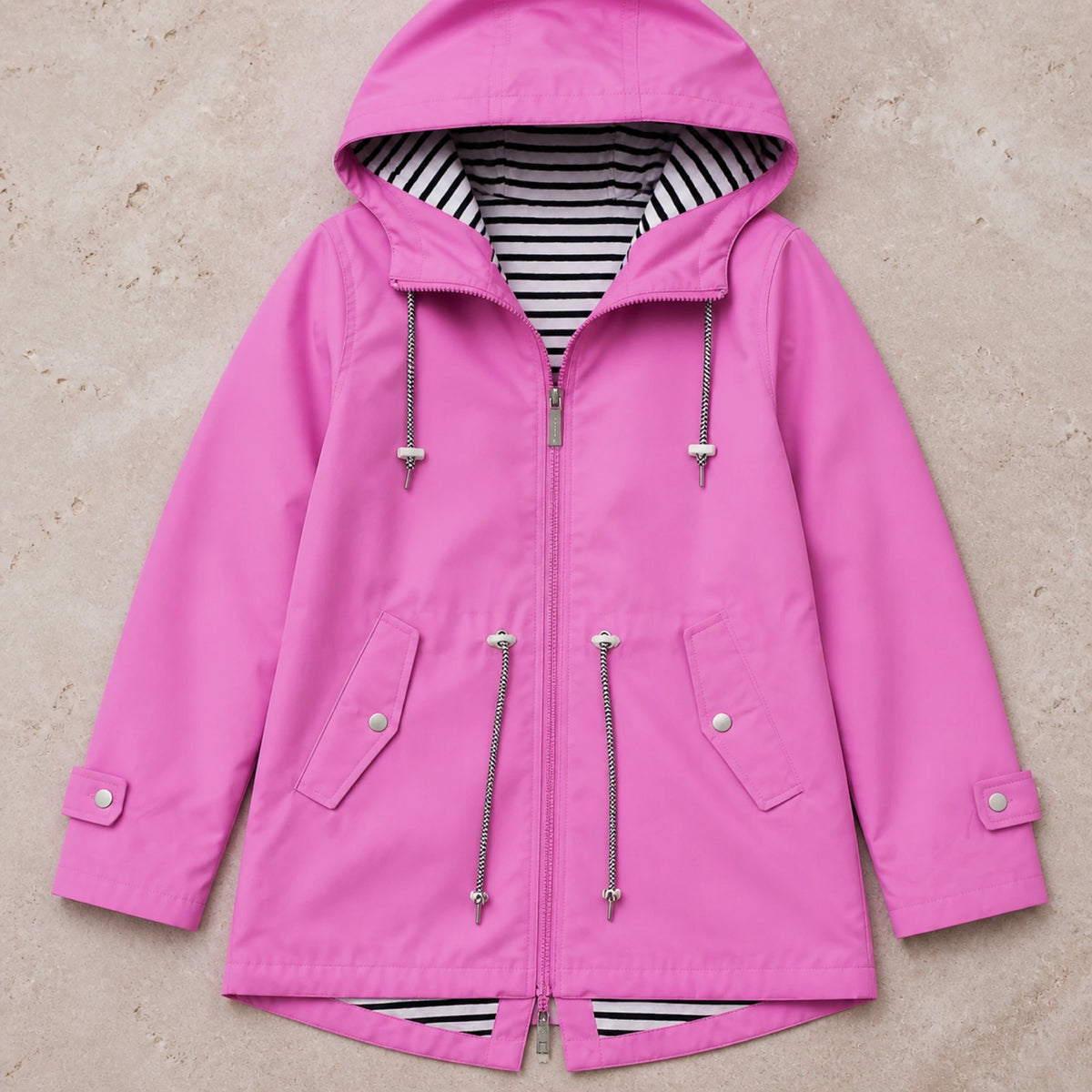 leather jacket — Rose Pink hooded rain jacket construction detail — view 9