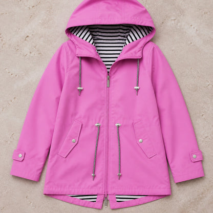 leather jacket — Rose Pink hooded rain jacket construction detail — view 9