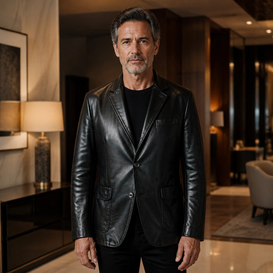 leather jacket — Black two button leather blazer front