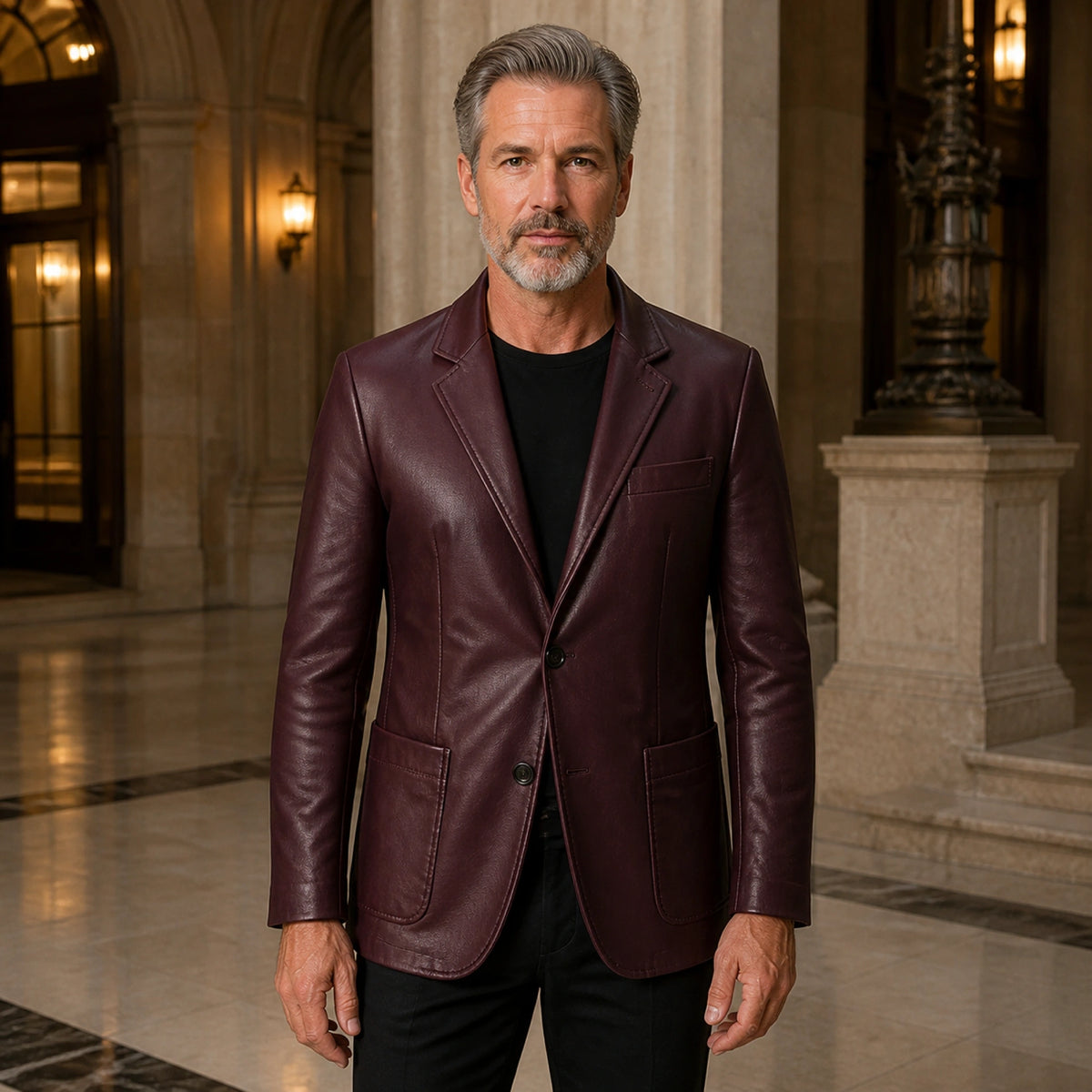 leather jacket — Deep Burgundy two button leather blazer front — view 2