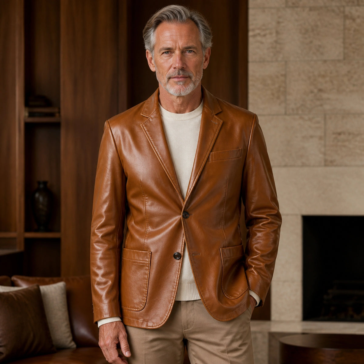leather jacket — Cognac Tan two button leather blazer front — view 3