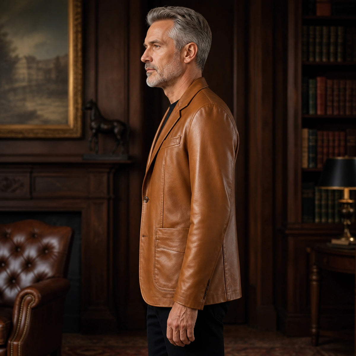 leather jacket — Cognac Tan leather blazer side view — view 4
