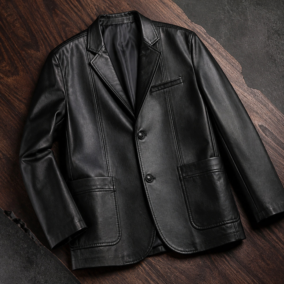 leather jacket — Black leather blazer construction detail — view 6