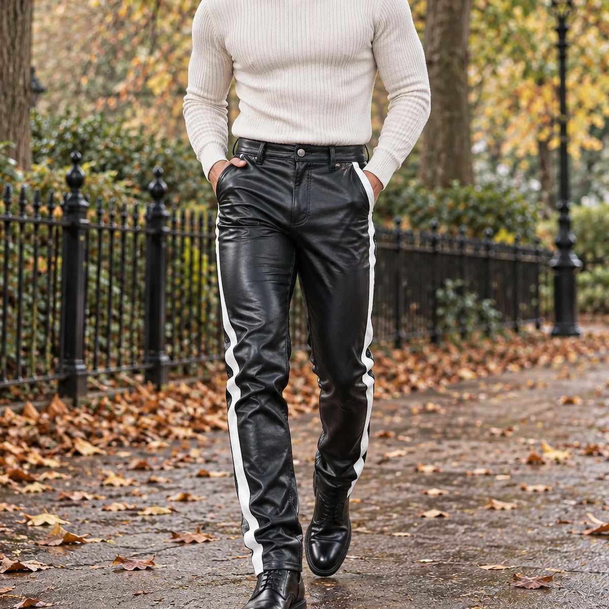 leather trousers — Front view of the full White trousers worn by an adult model in a cool UK autumn street setting — view 2
