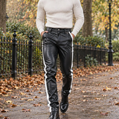 leather trousers — Front view of the full White trousers worn by an adult model in a cool UK autumn street setting — view 2