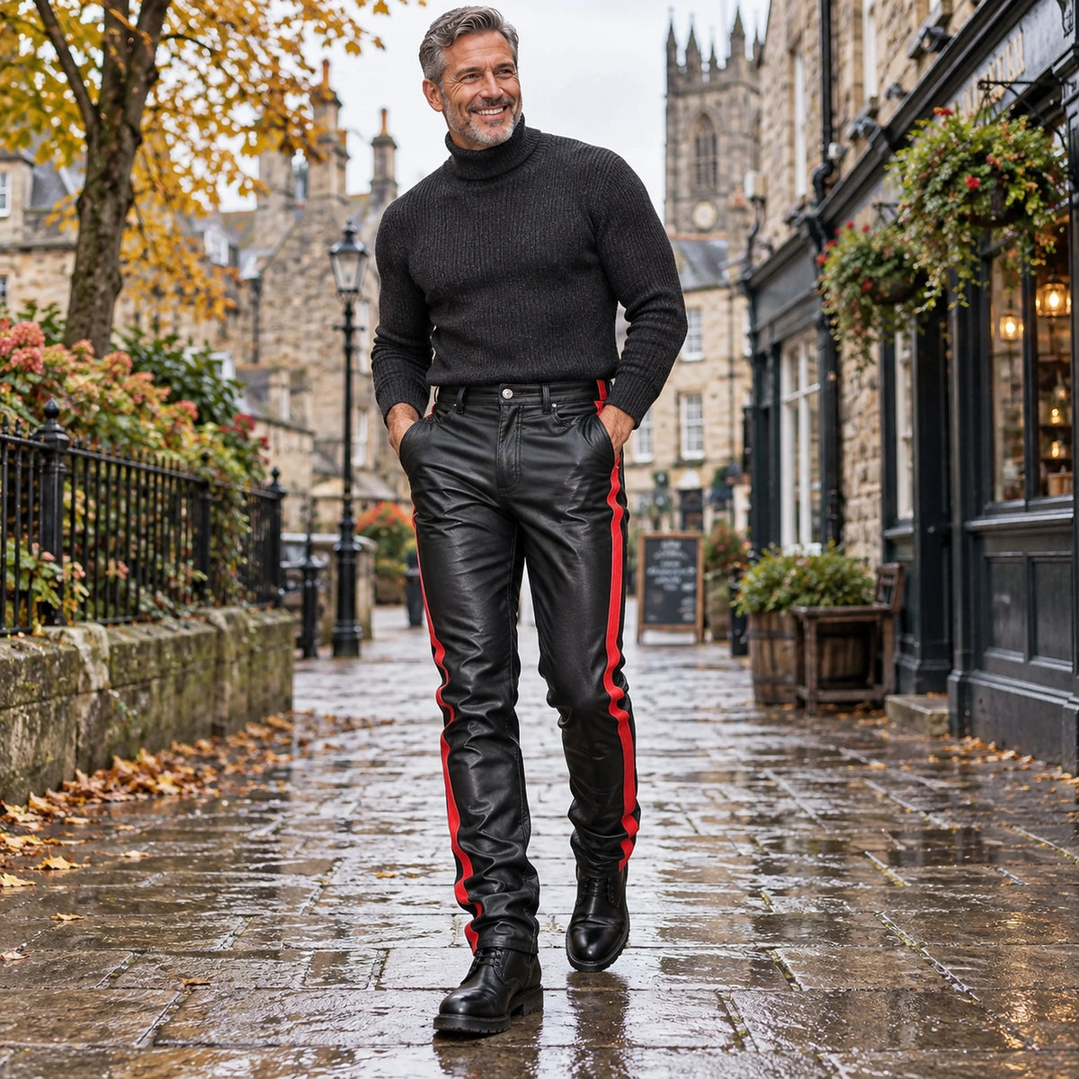 Front full length view of a happy model wearing the Red James Colour Block Stretch Faux Slim Fit Leather Trousers in — view 3