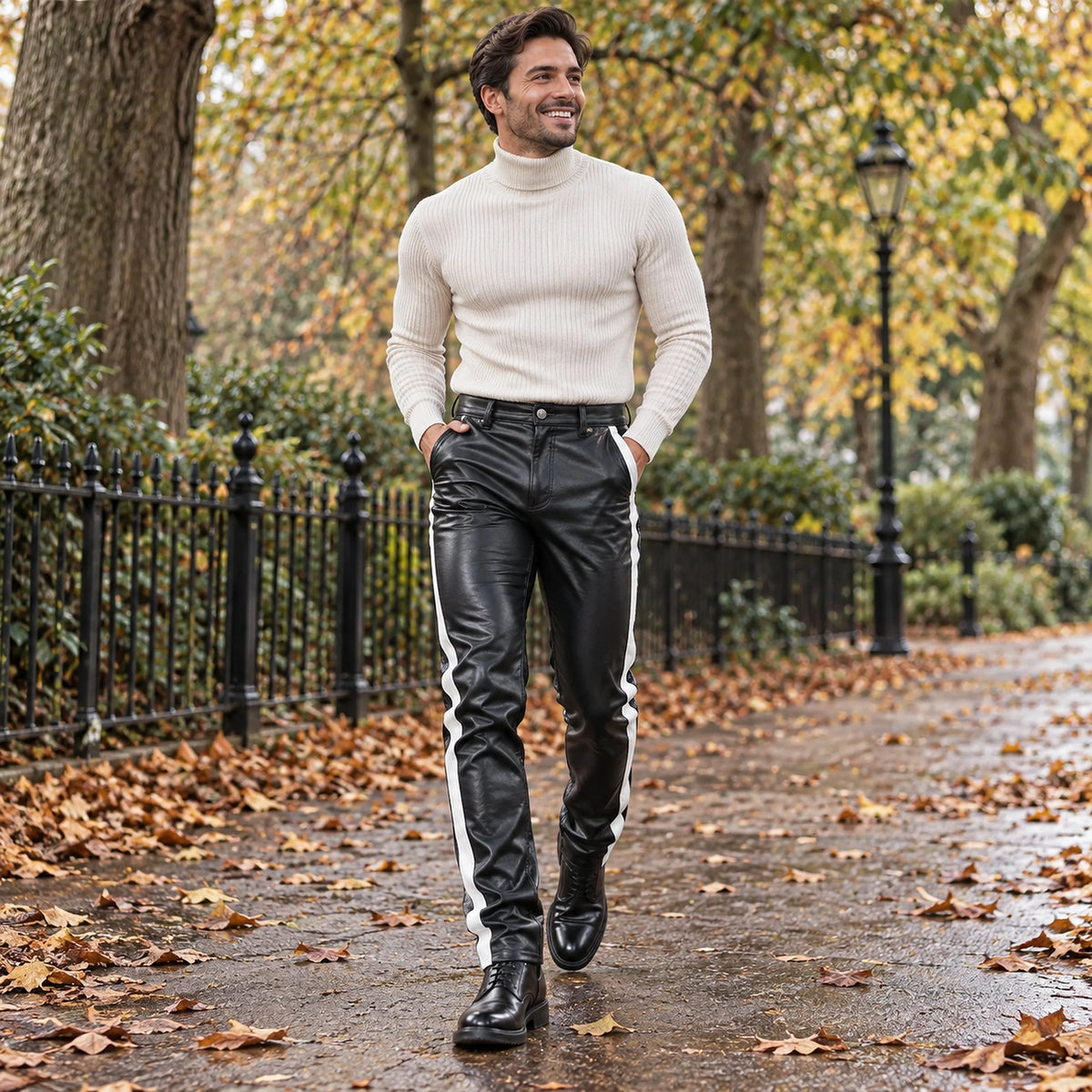 Front full length view of a happy model wearing the White James Colour Block Stretch Faux Slim Fit Leather Trousers — view 4