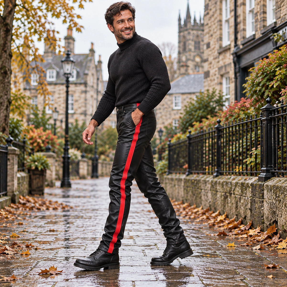 leather trousers — Side full length view of the Red garment worn by a happy adult model in cool UK autumn setting — view 5