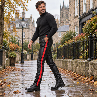 leather trousers — Side full length view of the Red garment worn by a happy adult model in cool UK autumn setting — view 5