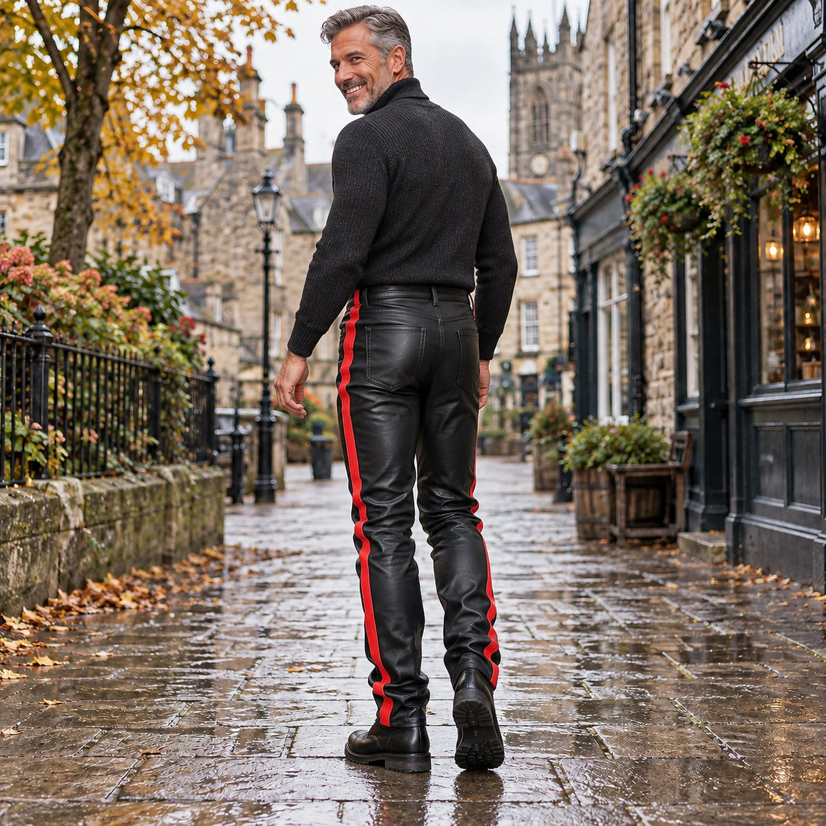 leather trousers — Back full length view of the Red garment worn by a happy adult model in cool UK autumn setting — view 6