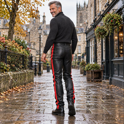leather trousers — Back full length view of the Red garment worn by a happy adult model in cool UK autumn setting — view 6